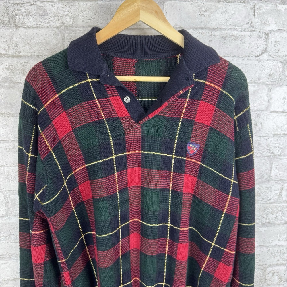 Vintage POLO RALPH LAUREN Scottish Red Tartan Plaid Heritage'Sweater Shield Logo